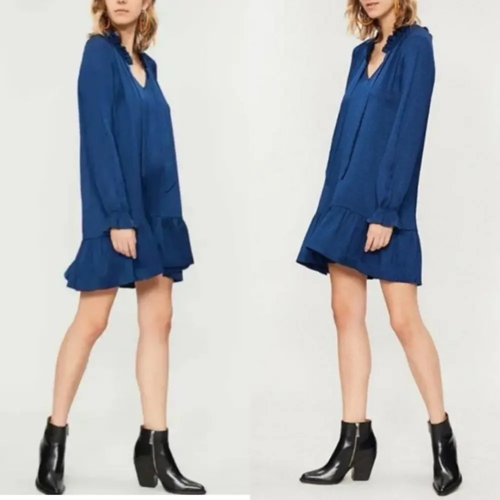 Sandro Paris Long Sleeve Tie Neck Flounce Hem Mini Dress In Navy Blue Size 36